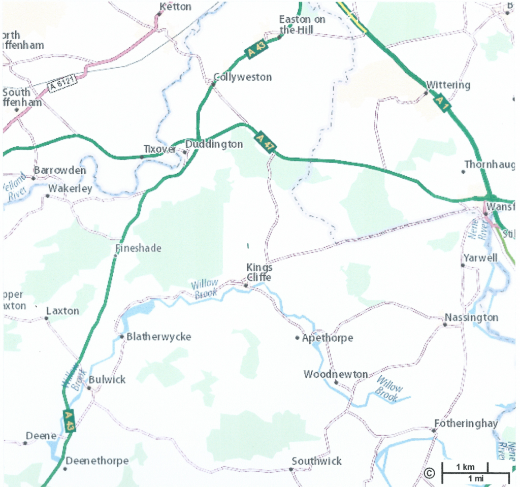 Map showing Kings Cliffe in relation to Apethorpe and Laxton
