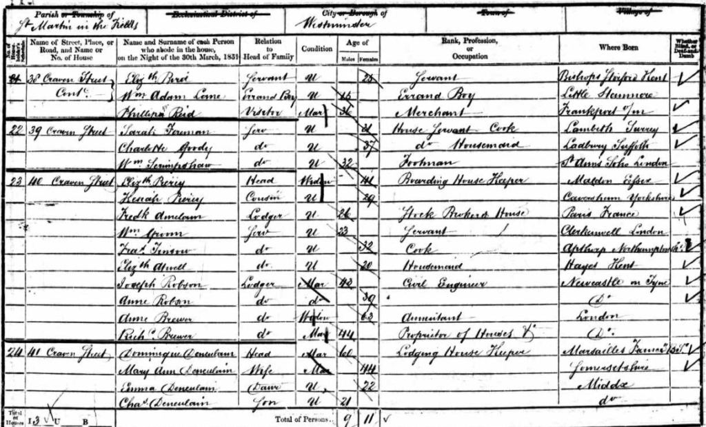 Actual Census document showing Frances Timpson.