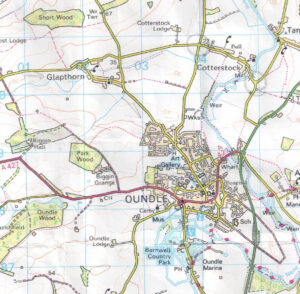 This map shows Glapthorn in relation to the major market town of Oundle
