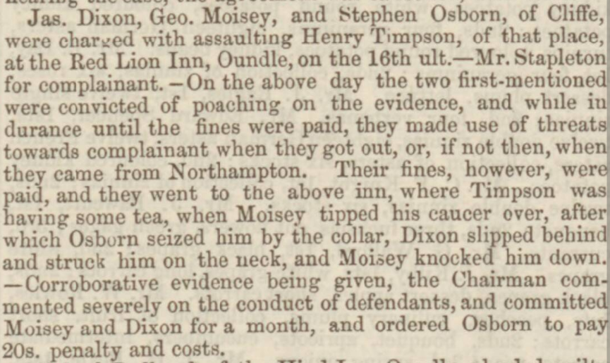 Article from the Northampton Mercury, 1869. Henry Timpson, Gamekeeper catches poachers.