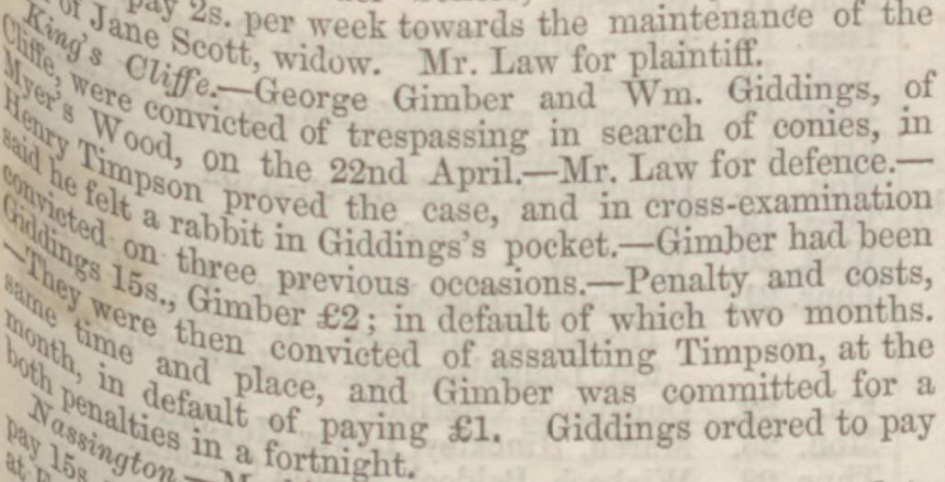 The life of a Gamekeeper is not easy as per this newspaper clipping in Northampton Mercury dated 2 May 1868. Gimber seems a persistent offender and a person Henry consistently catches.