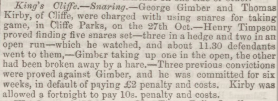 An article about snares and Henry Timpson in the Northampton Mercury dated 19 November 1864.