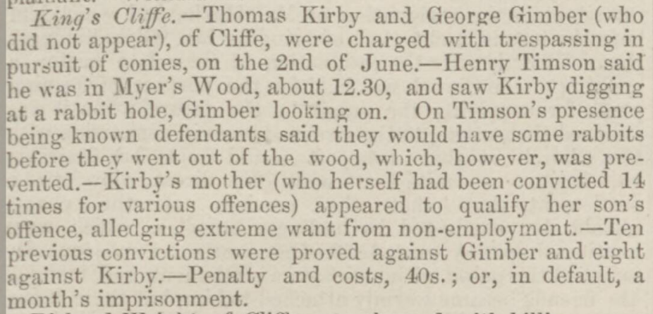 Finally in Kings Cliffe in the Northampton Mercury dated 25 June 1870. Gimber again!
