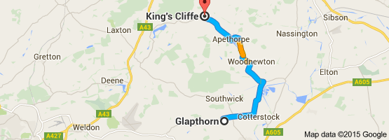 This modern map shows Glapthorn in relation to Apethorpe and Kings Cliffe, Northamptonshire.