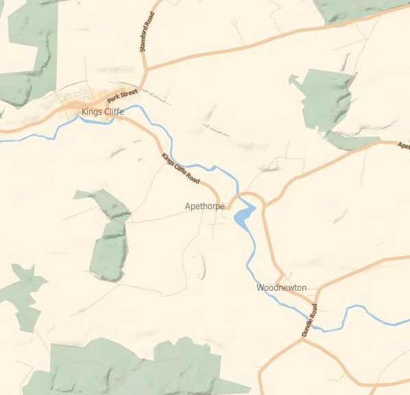 Map showing Apethorpe and the Kings Cliffe Road where the Timpson cottage was situated.
