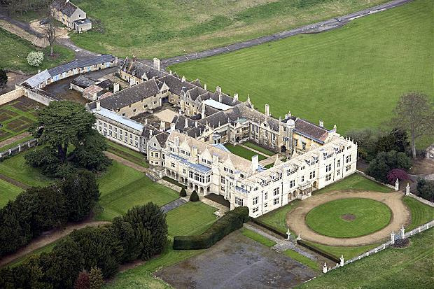 An aerial view of Apethorpe Hall, showing its full size.