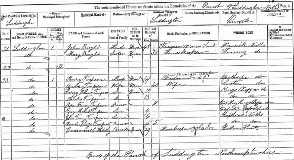 1881 Census Excerpt, England